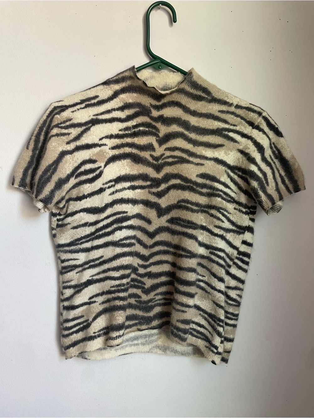 Vintage Animal Print Short Sleeve Angora Knit Top - Cream & Black Zebra Tiger
